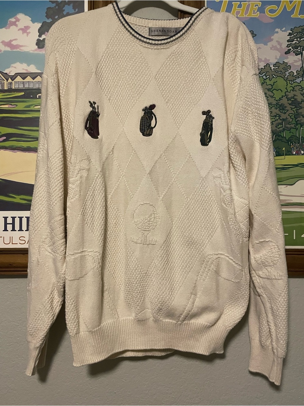 Vintage Golf Sweater Womens L Cream Golf Bag Applique Knit Country Club 90s